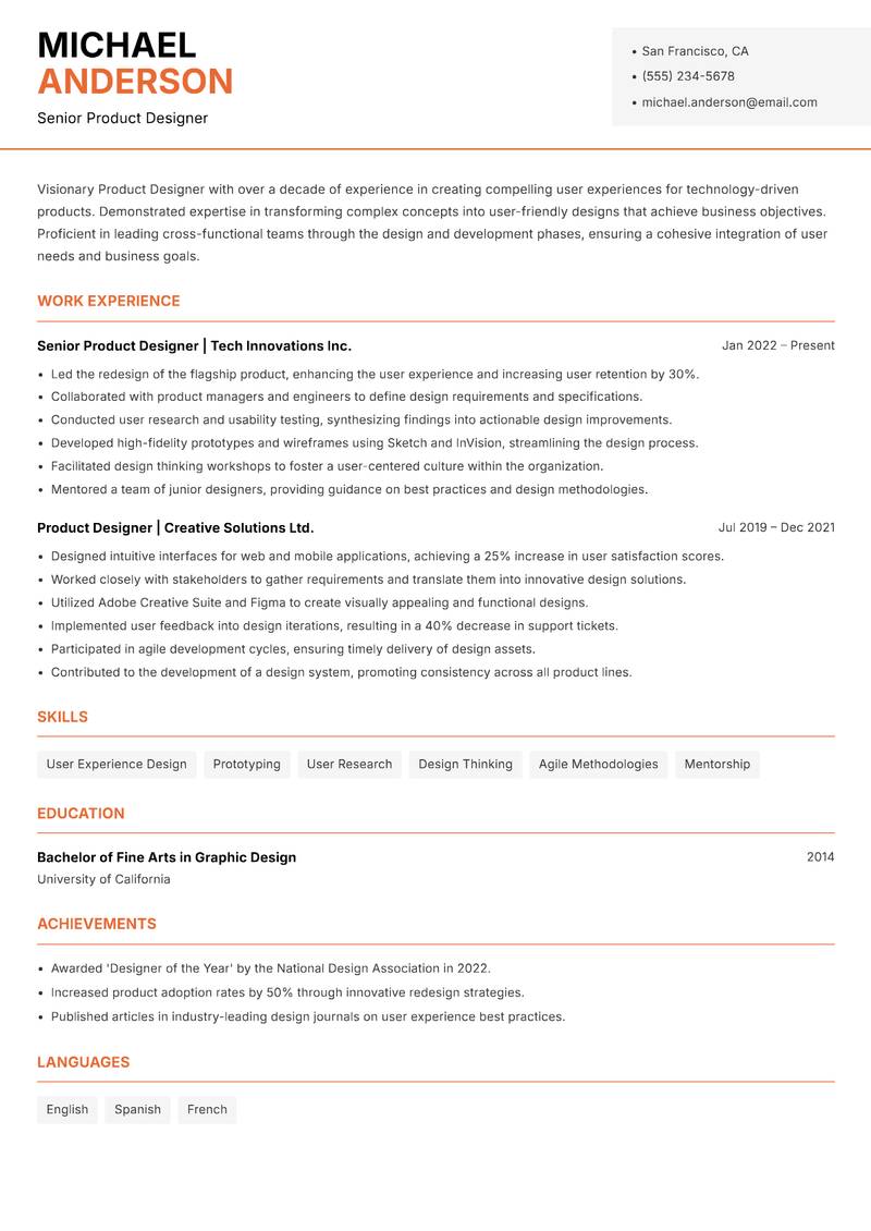 Product Designer resume template — Modern Professional