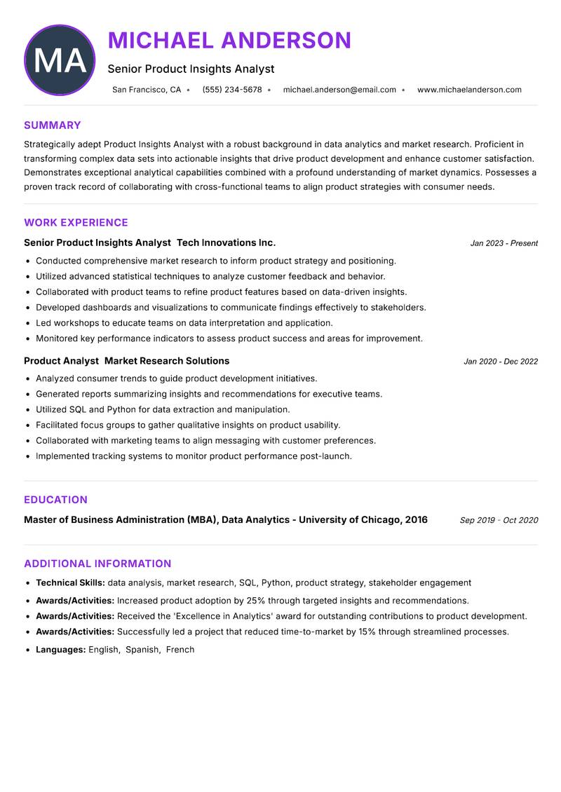 Product Insights Analyst resume example — ATS-friendly template