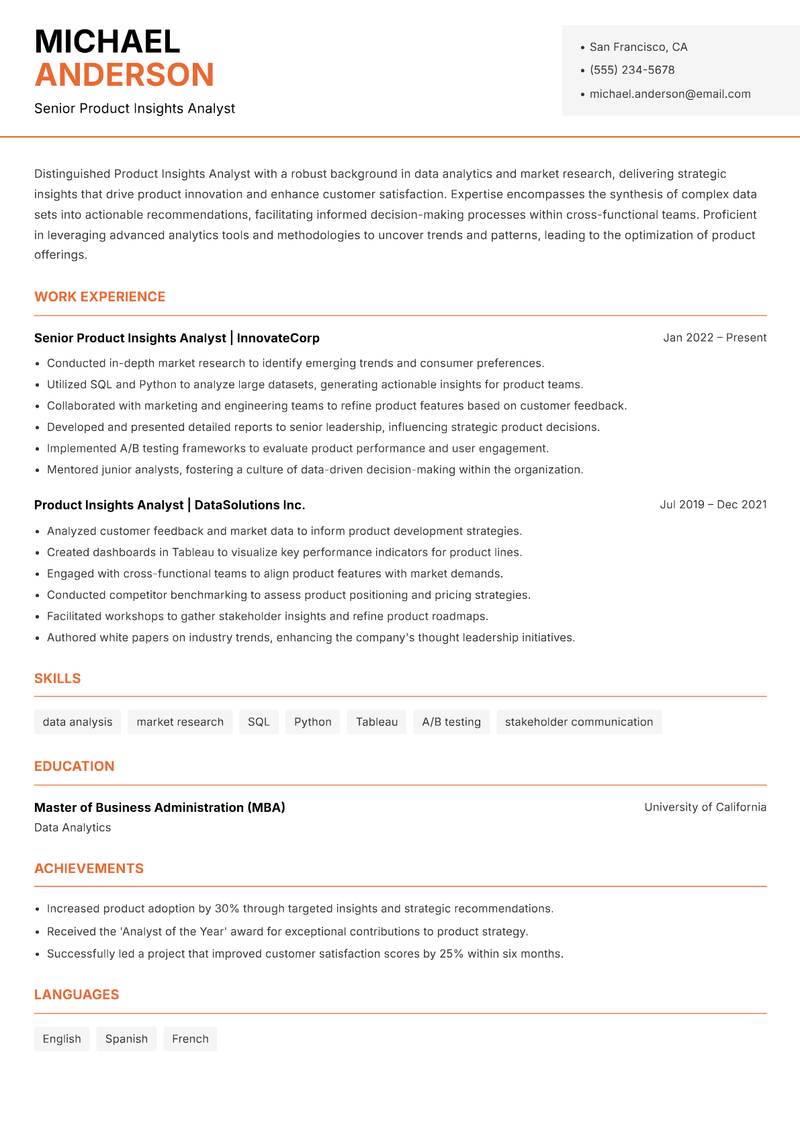 Product Insights Analyst resume template — Modern Professional