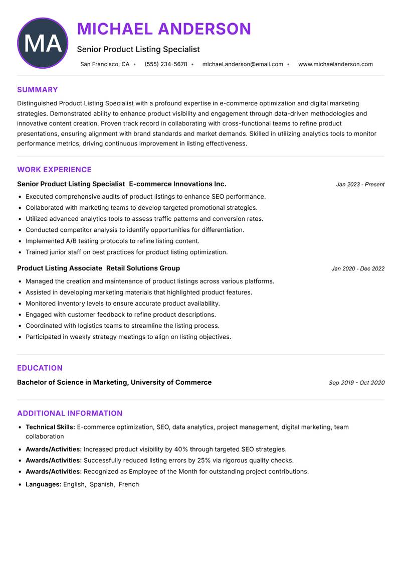 Product Listing Specialist resume example — ATS-friendly template