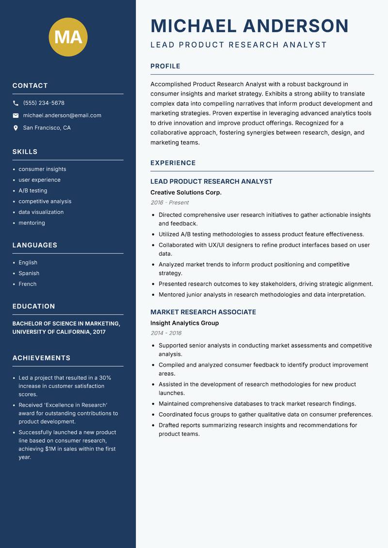 Product Research Analyst resume template — Classic Clean