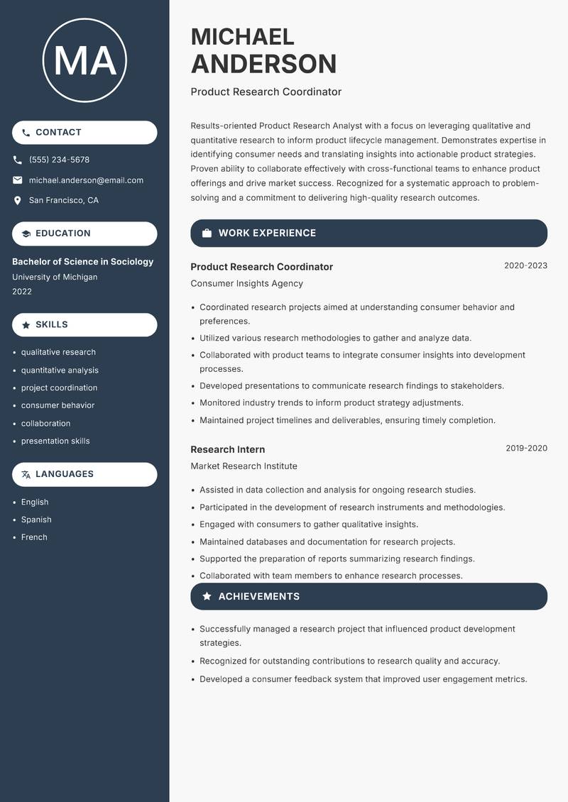 Product Research Analyst resume template — Compact