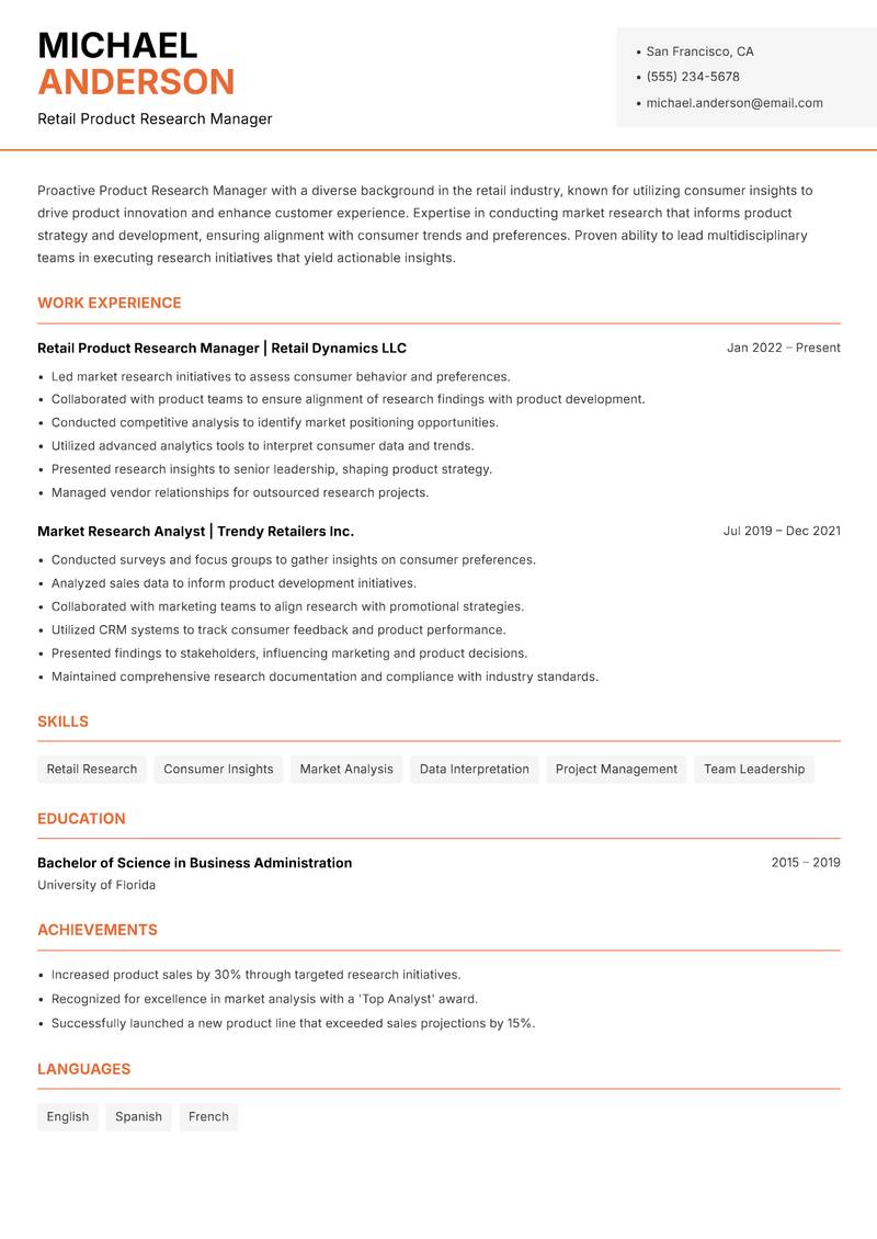 Product Research Manager resume template — Modern Professional