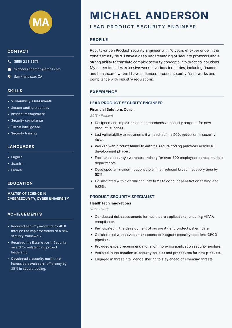 Product Security Engineer resume template — Classic Clean