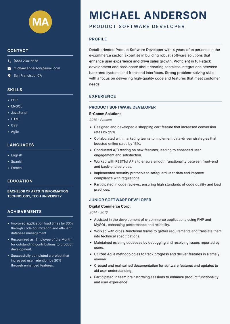 Product Software Developer resume template — Classic Clean