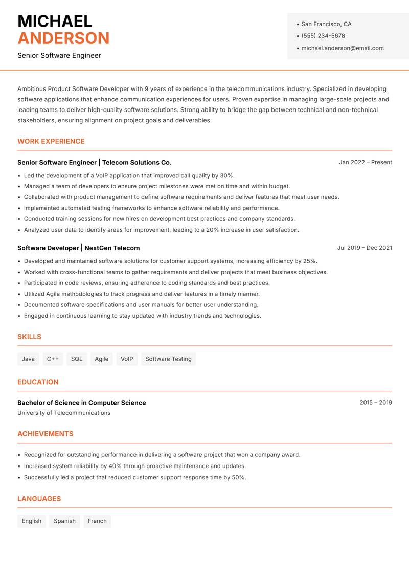 Product Software Developer resume template — Modern Professional