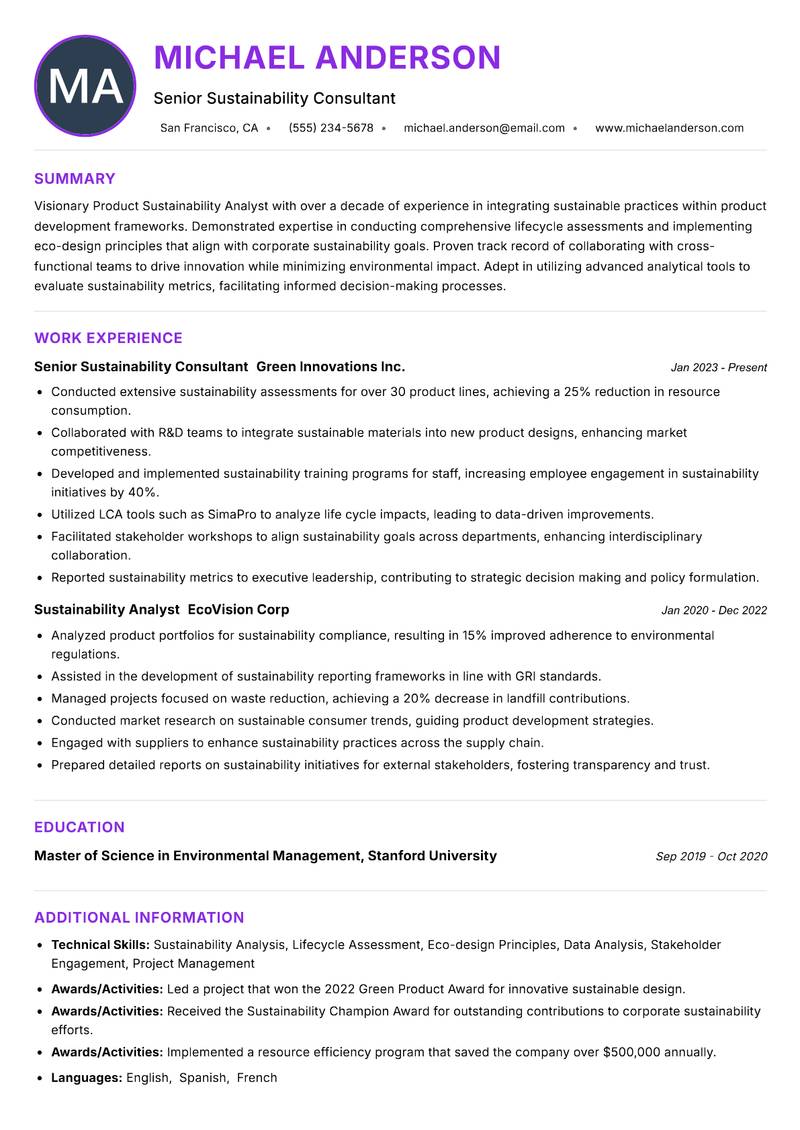Product Sustainability Analyst resume example — ATS-friendly template