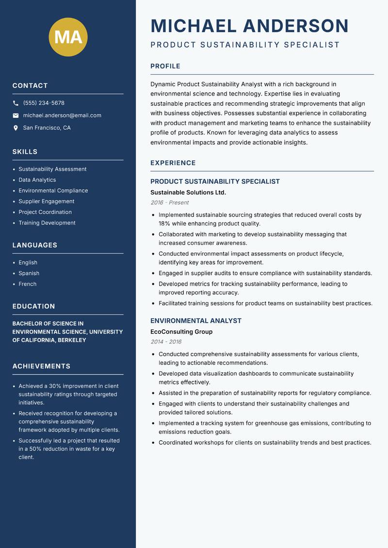 Product Sustainability Analyst resume template — Classic Clean