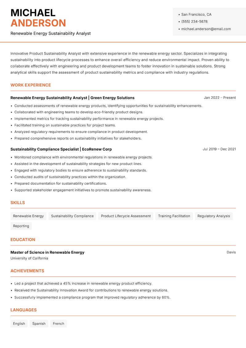 Product Sustainability Analyst resume template — Modern Professional