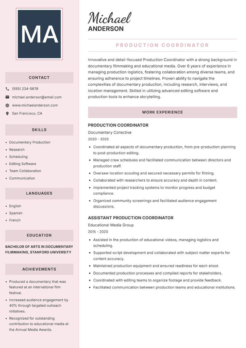 Production Coordinator resume template — Executive