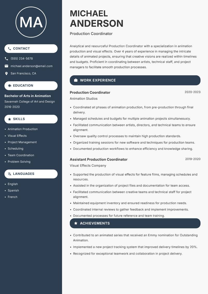 Production Coordinator resume template — Compact