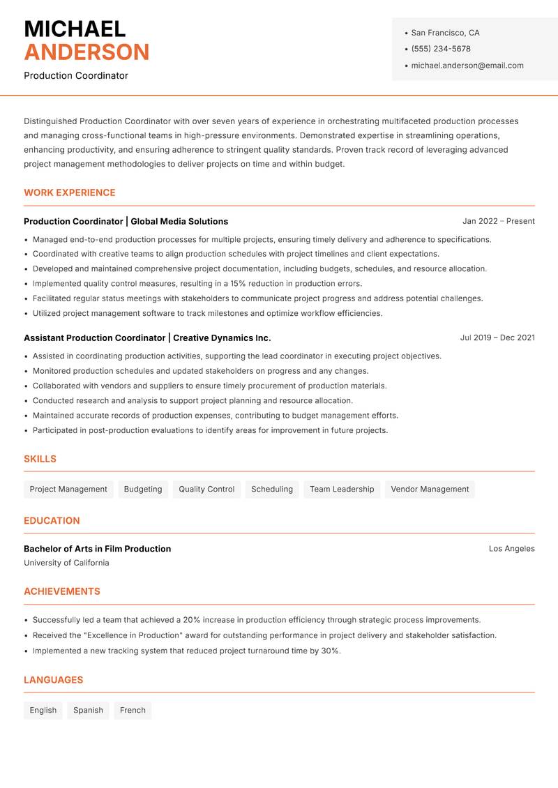 Production Coordinator resume template — Modern Professional