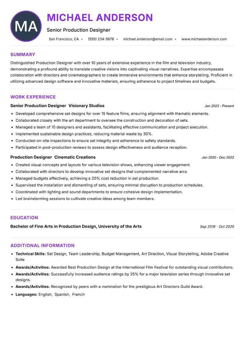 Production Designer resume example — ATS-friendly template