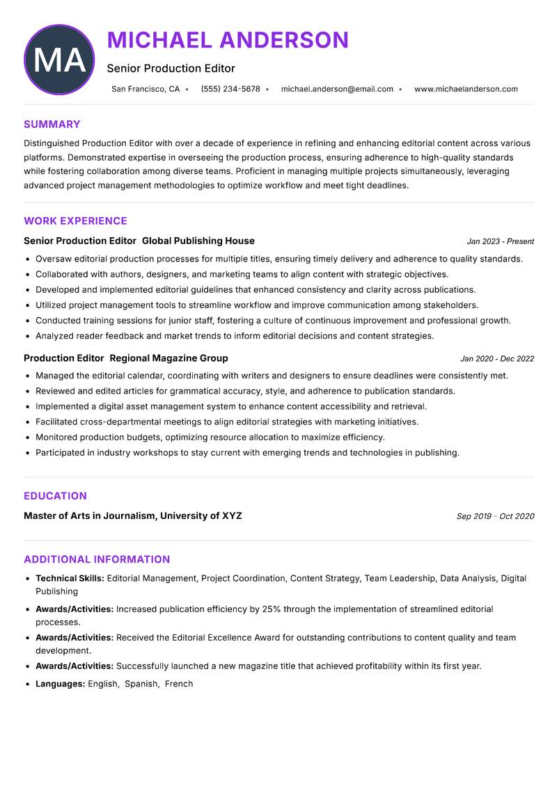 Production Editor resume example — ATS-friendly template