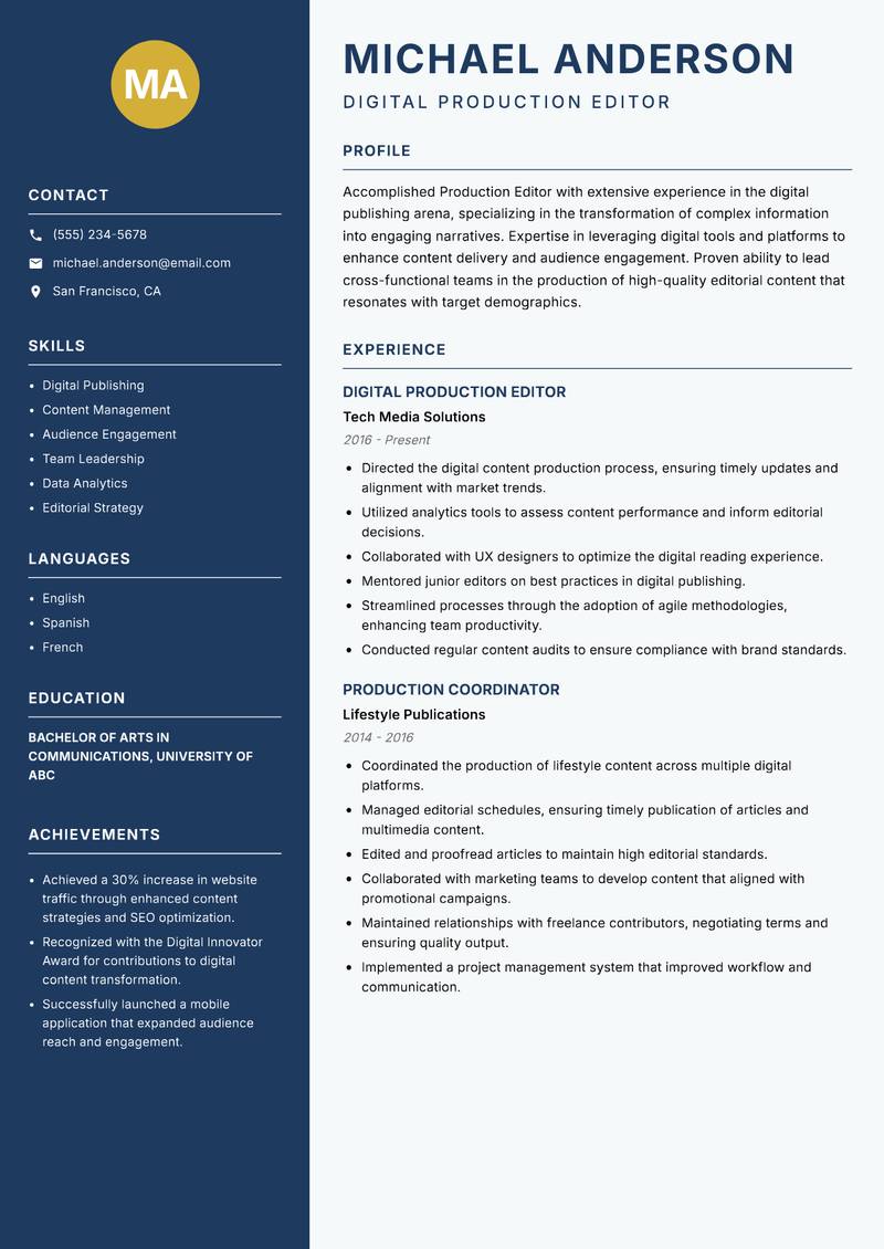 Production Editor resume template — Classic Clean