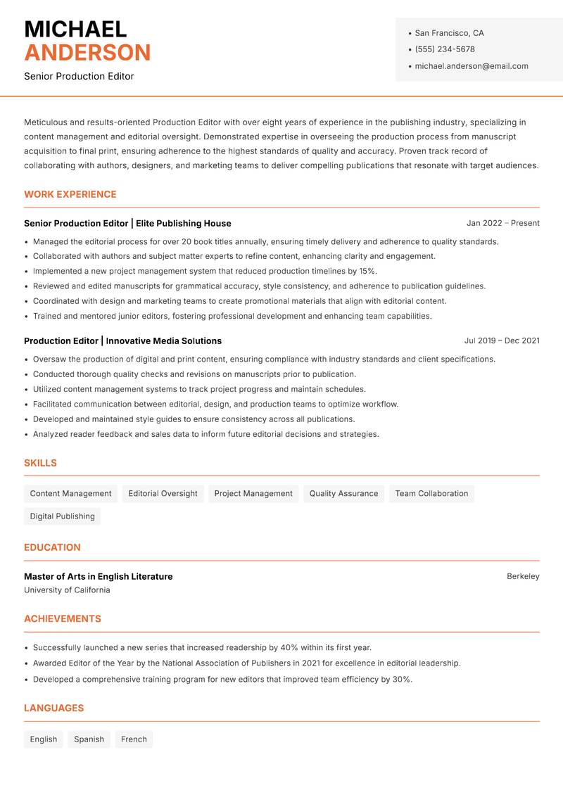 Production Editor resume template — Modern Professional