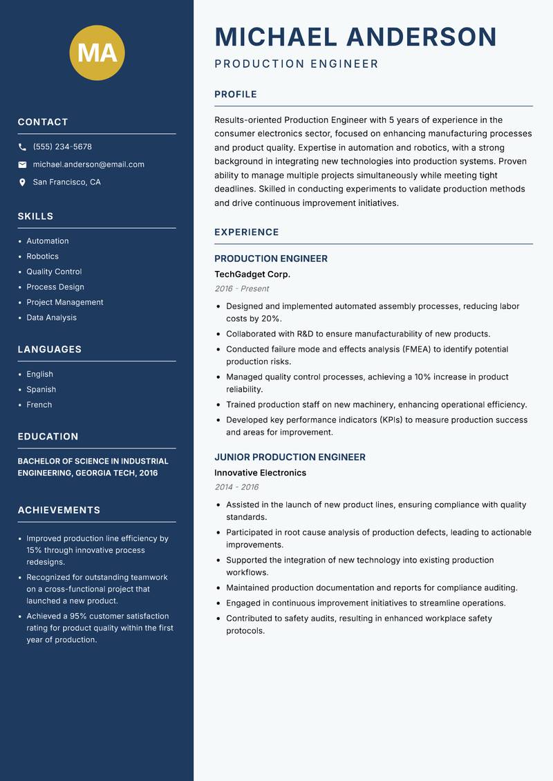 Production Engineer resume template — Classic Clean