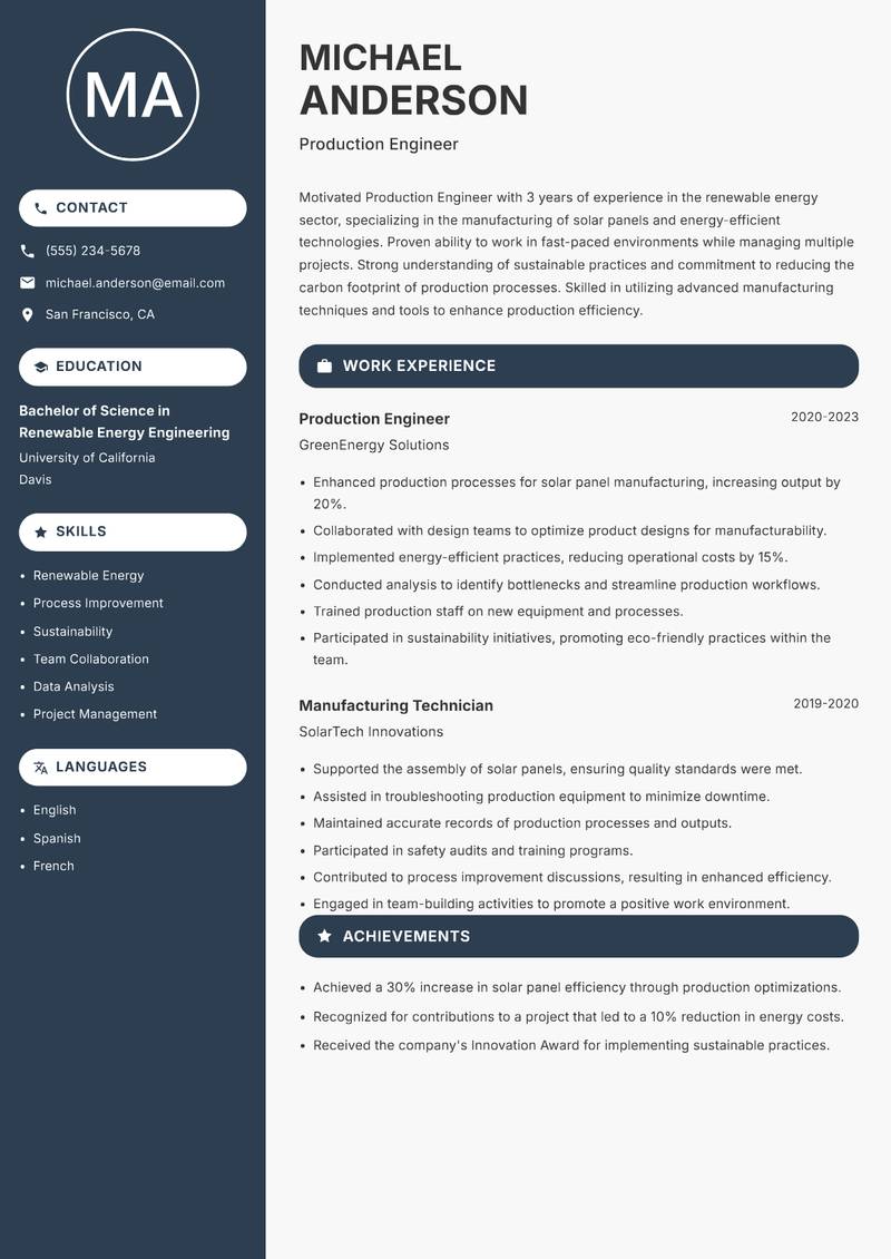 Production Engineer resume template — Compact