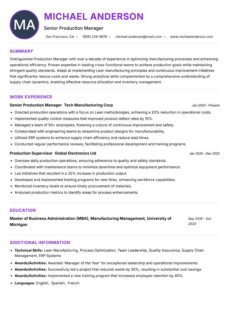 Production Manager resume example — ATS-friendly template
