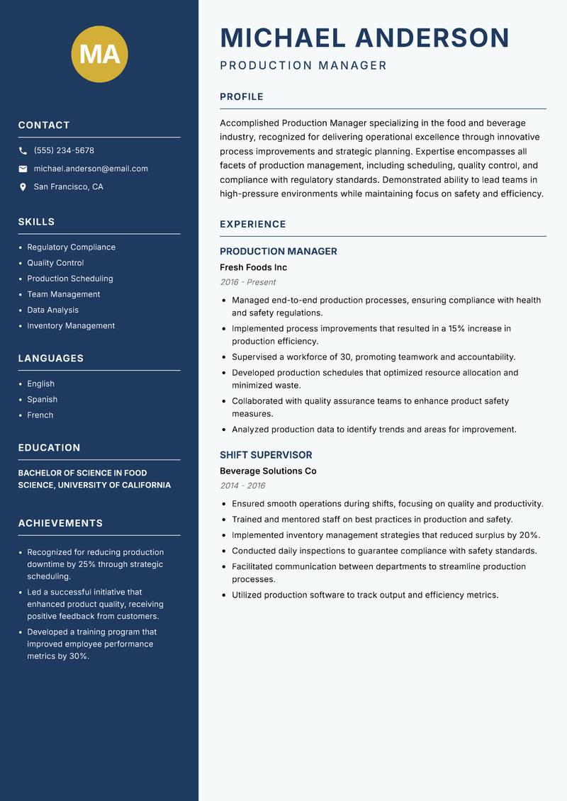 Production Manager resume template — Classic Clean