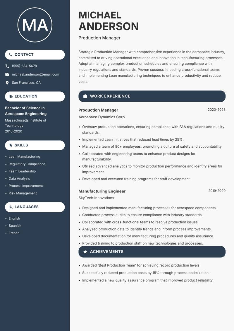 Production Manager resume template — Compact
