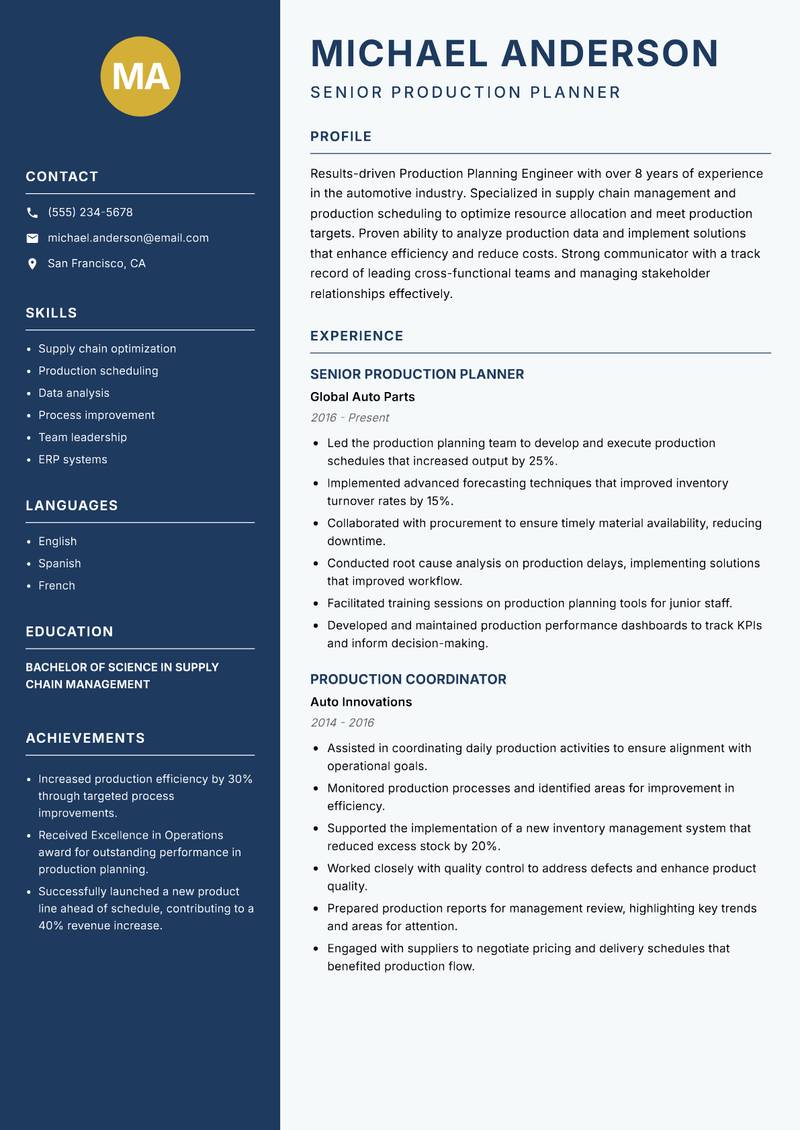 Production Planning Engineer resume template — Classic Clean