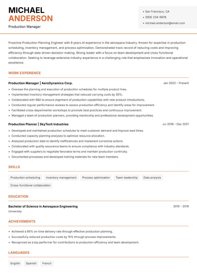 Production Planning Engineer resume template — Modern Professional