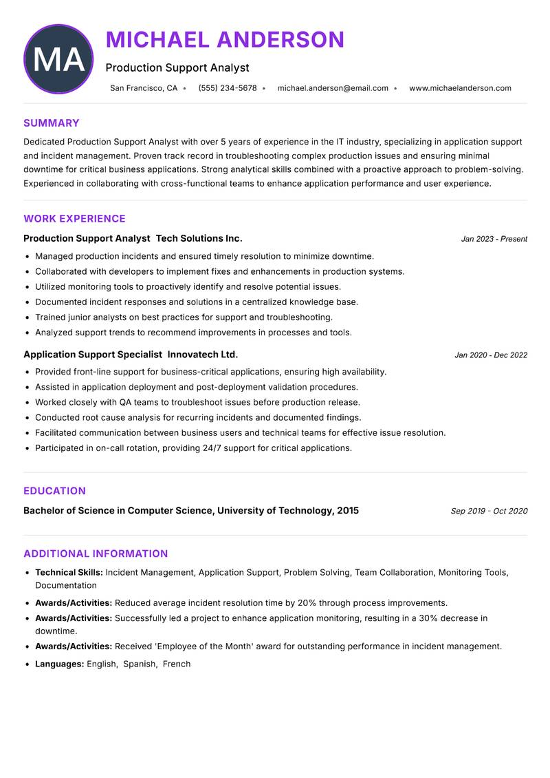 Production Support Analyst resume example — ATS-friendly template