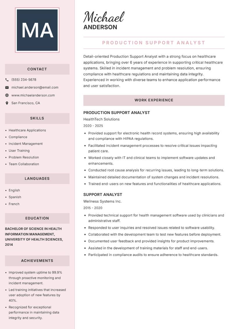 Production Support Analyst resume template — Executive