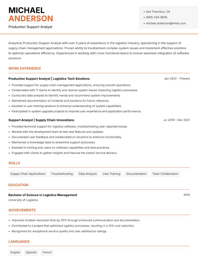 Production Support Analyst resume template — Modern Professional