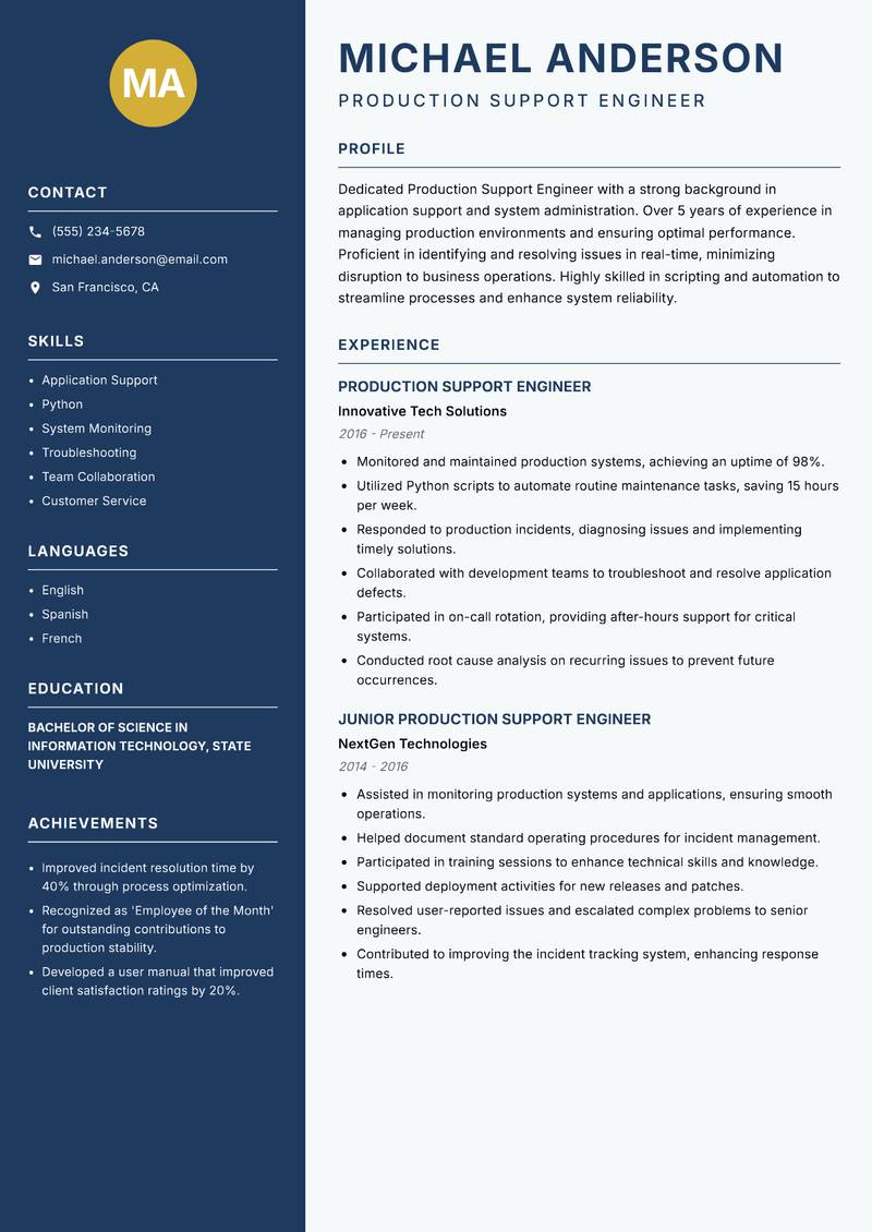 Production Support Engineer resume template — Classic Clean