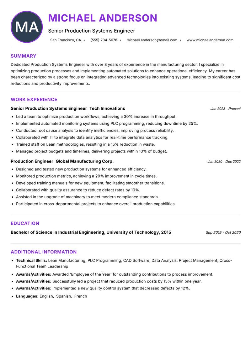 Production Systems Engineer resume example — ATS-friendly template