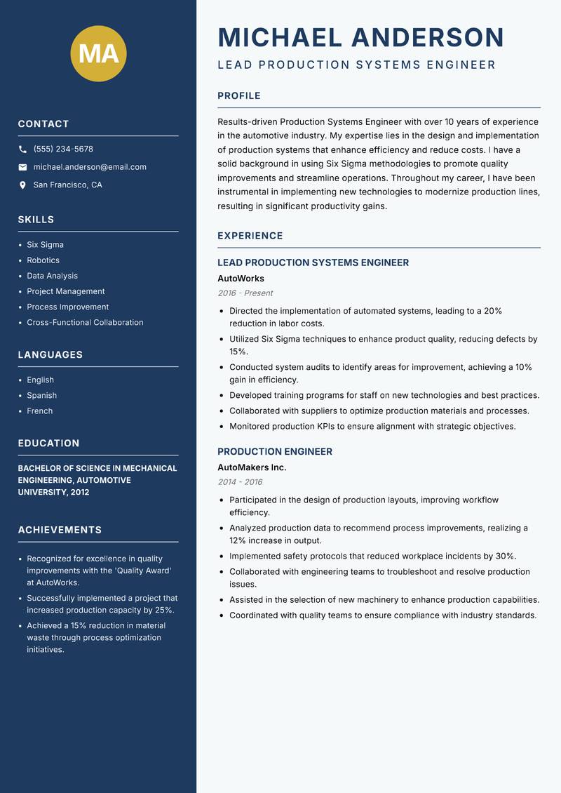 Production Systems Engineer resume template — Classic Clean
