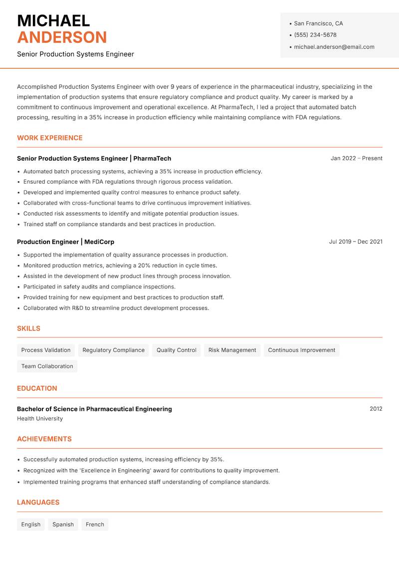 Production Systems Engineer resume template — Modern Professional