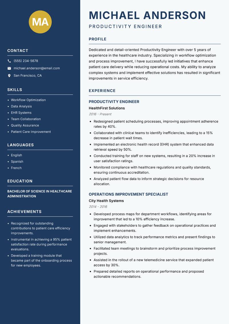 Productivity Engineer resume template — Classic Clean