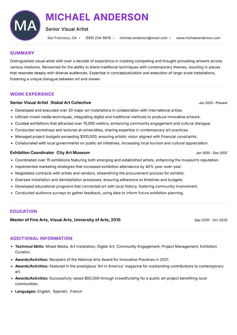Professional Artist resume example — ATS-friendly template