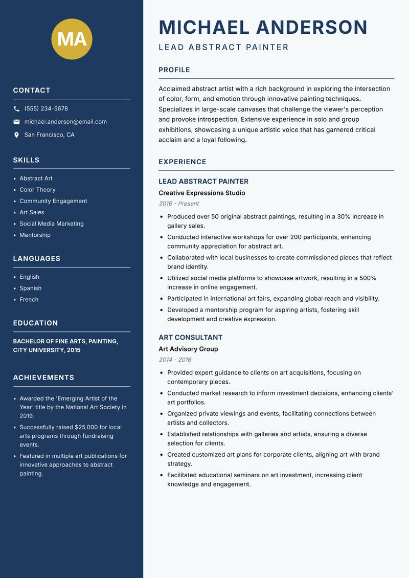 Professional Artist resume template — Classic Clean