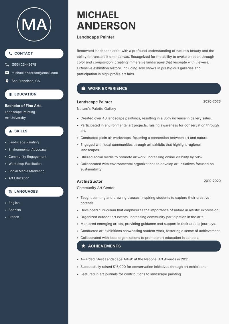 Professional Artist resume template — Compact