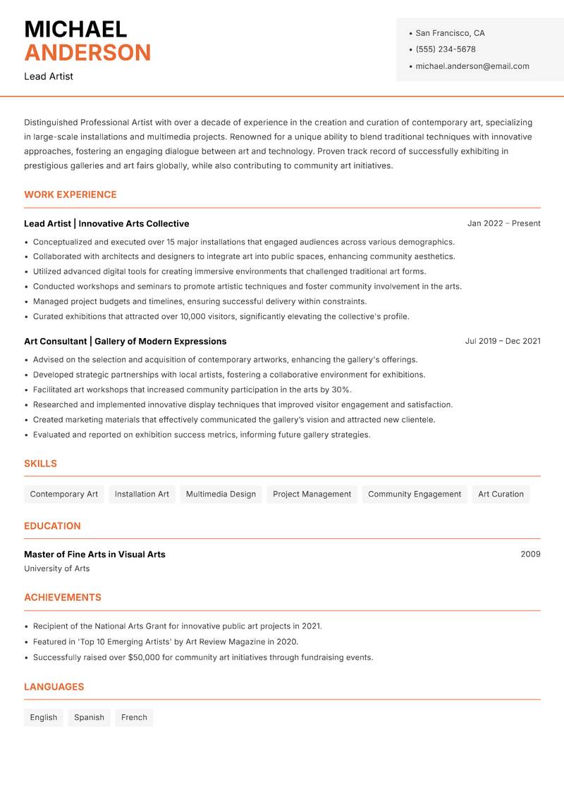 Professional Artist resume template — Modern Professional