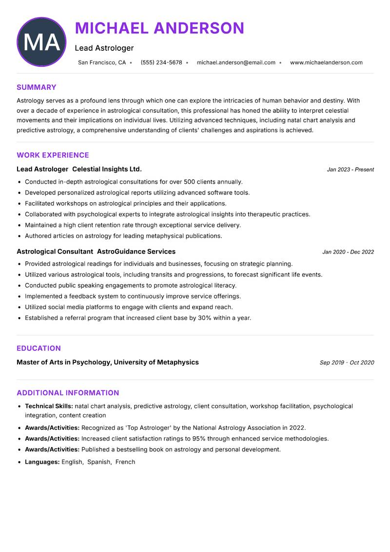 Professional Astrologer resume example — ATS-friendly template