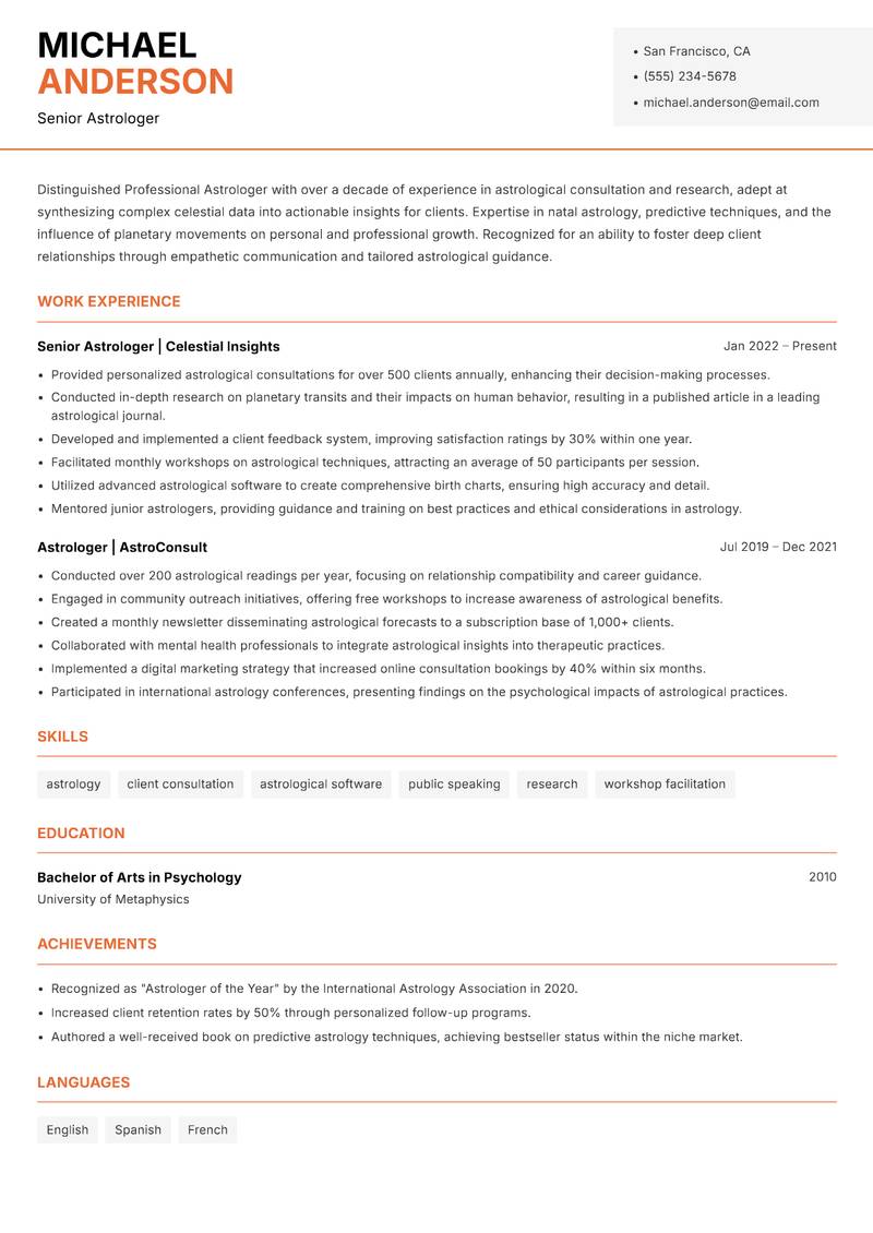Professional Astrologer resume template — Modern Professional