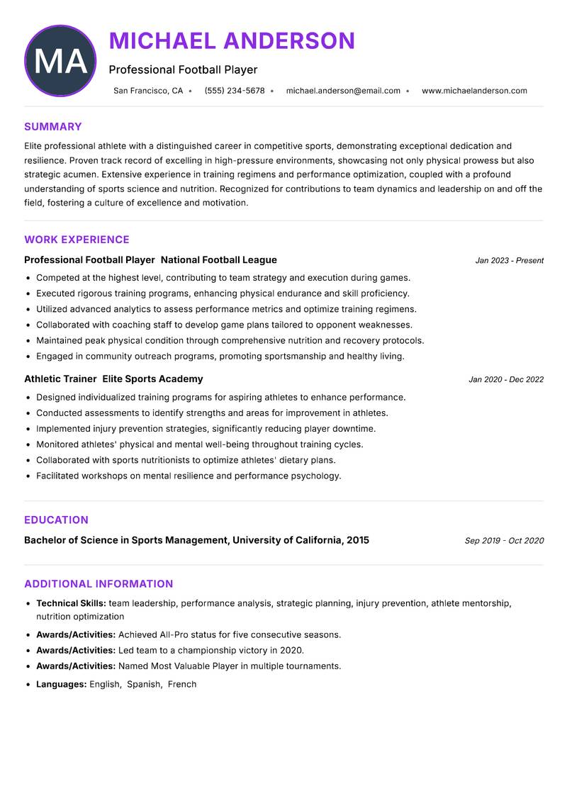 Professional Athlete resume example — ATS-friendly template