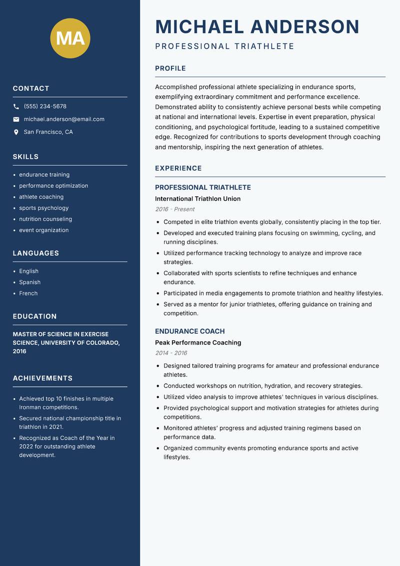 Professional Athlete resume template — Classic Clean