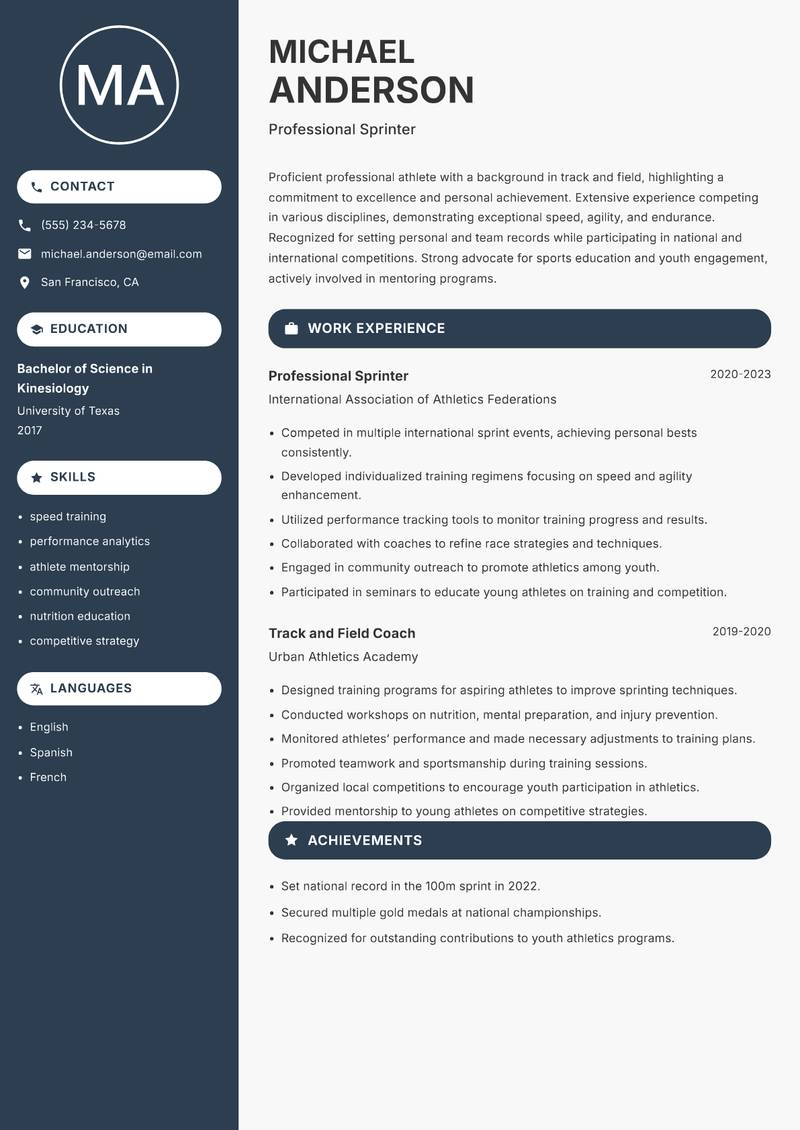 Professional Athlete resume template — Compact