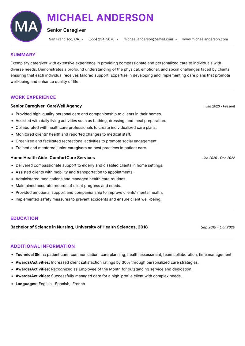 Professional Caregiver resume example — ATS-friendly template