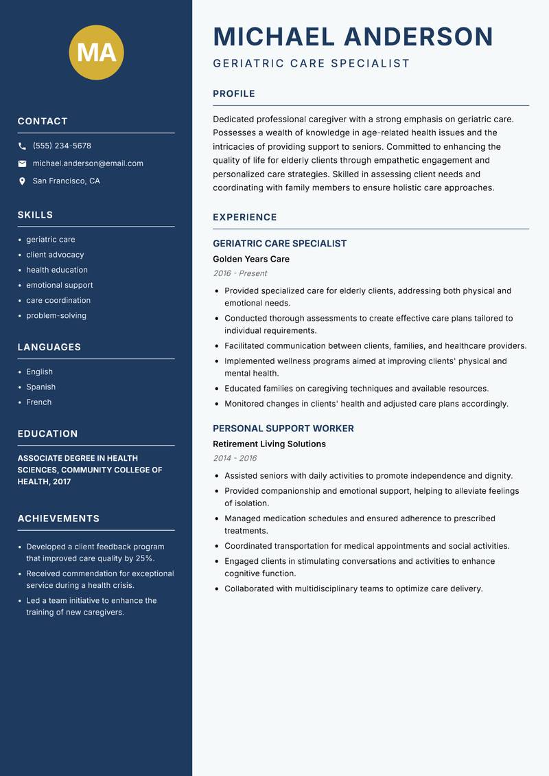 Professional Caregiver resume template — Classic Clean