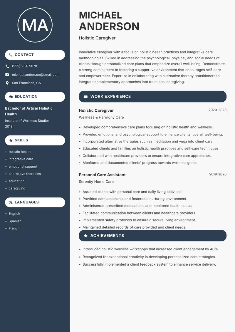 Professional Caregiver resume template — Compact