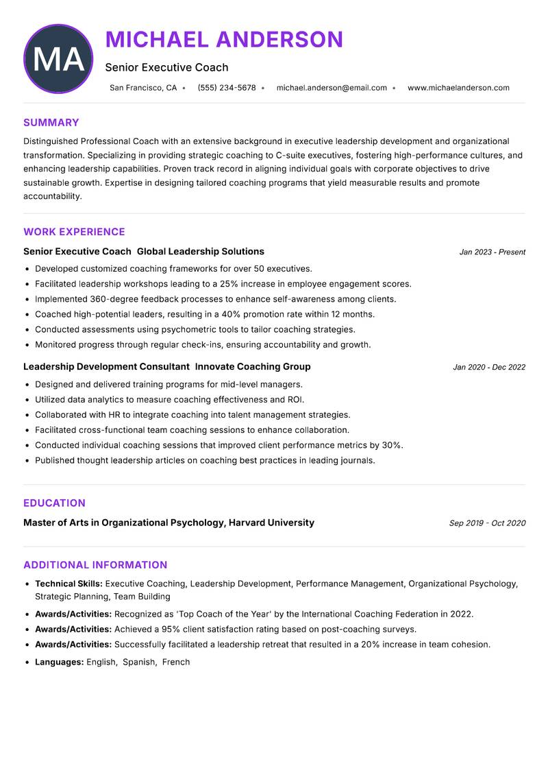 Professional Coach resume example — ATS-friendly template