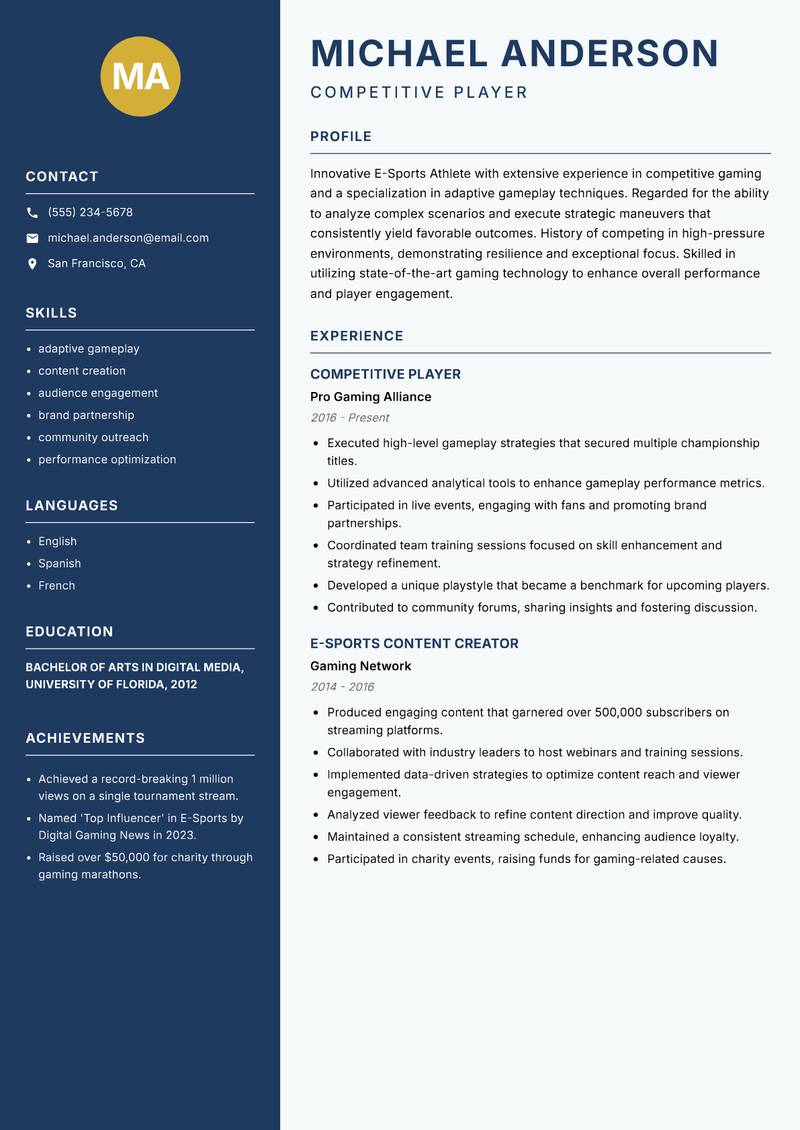 Professional E-Sports Player resume template — Classic Clean