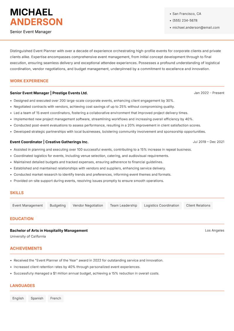 Professional Event Planner resume template — Modern Professional